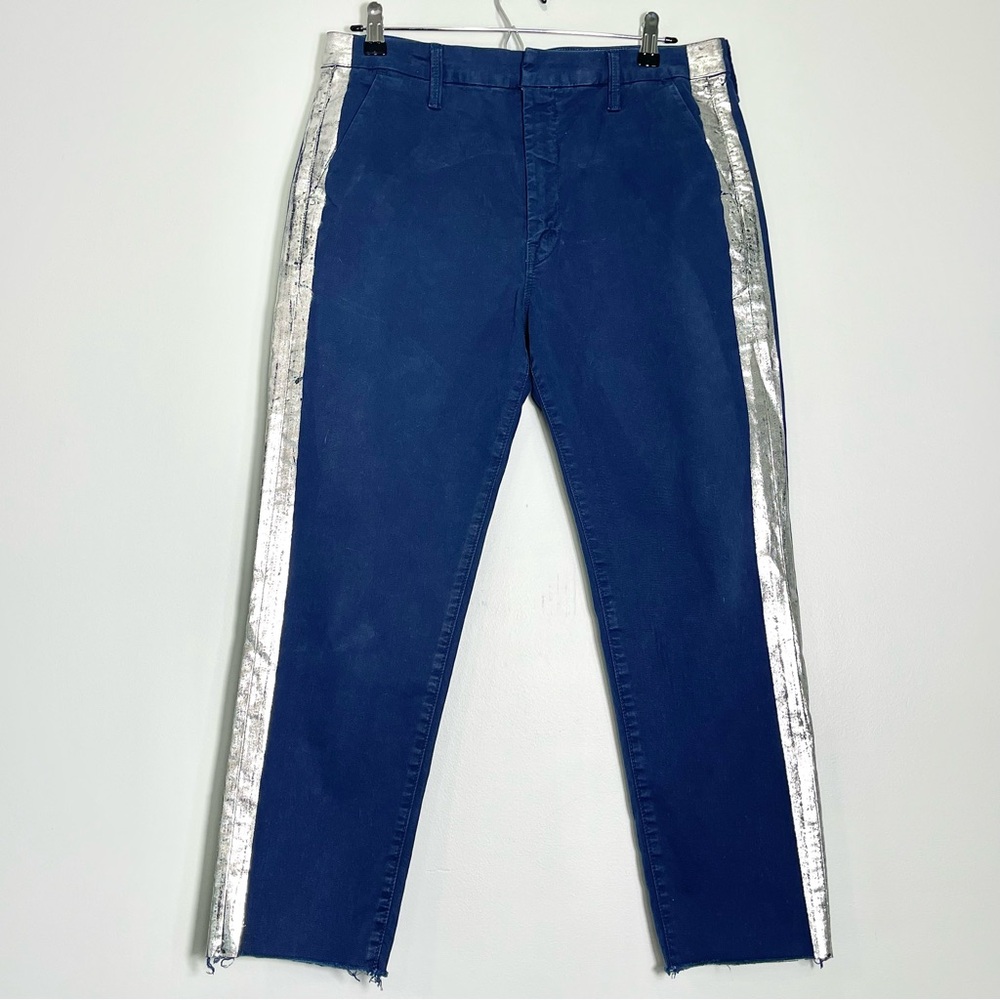 MOTHER The Shaker Prep Killing Time Pants Blue Silver Side Fray Ankle Size 29